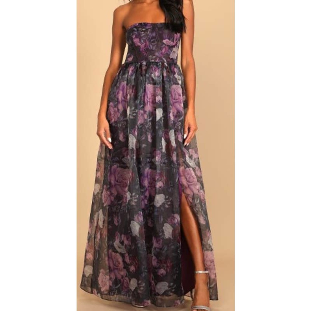 LULU'S XL Wonderful Waltz Purple Floral Print Strapless Bustier Maxi Dress B24